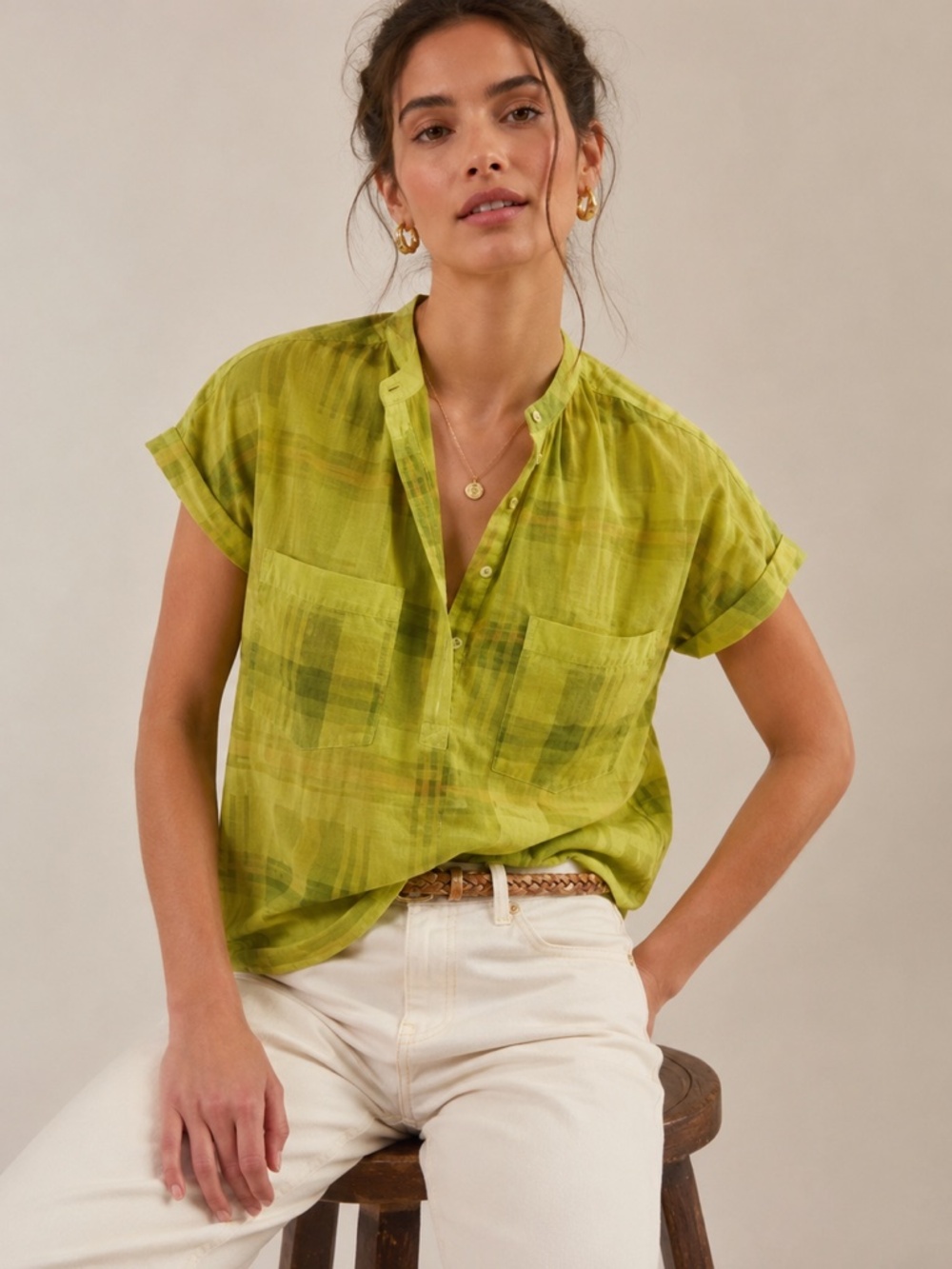 Anthropologie Pilcro Hannah Surf Plaid Popover Size XS Chartreuse Casual Summer
